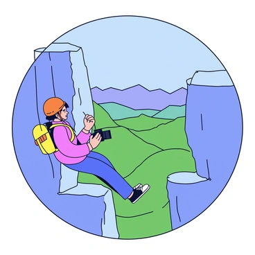 A photographer hanging from a rocky cliff, secured with ropes. The photographer is wearing a bright orange helmet and a harness, holding a camera in one hand. Below the cliff, there is a view of vast green valleys and distant mountains under a clear blue sky. The sunlight casts sharp shadows on the rocks, highlighting their texture. The photographer's backpack is resting on a nearby ledge.