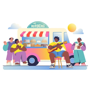 A bakery truck with a colorful exterior is parked on a bustling street. The truck's side door is open, revealing an array of freshly baked goods displayed inside. Nearby, a live musician with medium skin and curly hair is playing an acoustic guitar. He is seated on a wooden stool, strumming a cheerful tune while wearing a bright yellow shirt and denim shorts. Around the musician are several people standing and dancing, enjoying the lively atmosphere. Some customers are holding pastries, while others are clapping along to the music. In the background, the sun is setting, casting a warm glow over the scene.