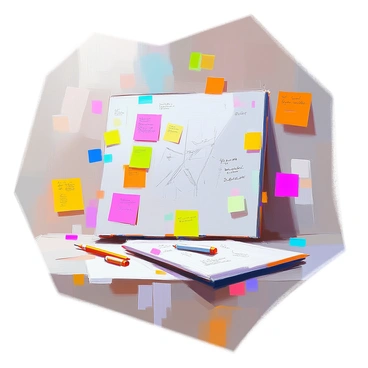 A 1/16 illustration board is positioned prominently in the scene, showcasing a rough draft of an artwork in progress. Surrounding the board are colorful sticky notes, each filled with various ideas and reminders, creating a vibrant and chaotic environment. Additionally, there are multiple sketches scattered around the board, depicting different concepts and designs. Pencils and erasers are placed nearby, suggesting an active brainstorming process. The atmosphere is lively and dynamic, reflecting the creative energy of an artist at work.