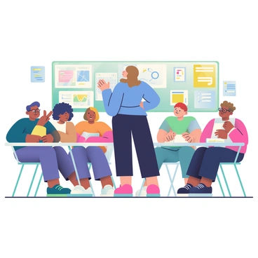 A teacher with light brown hair is standing at the front of a brightly lit classroom, actively leading a discussion. She is wearing a blue blouse and black pants. The classroom is filled with colorful bulletin boards and educational posters. Around her, a group of six students with diverse backgrounds are seated at their desks. Each student is looking at the teacher with focused expressions. One student, a girl with curly black hair, raises her hand to contribute, while another, a boy with glasses, is taking notes in a notebook. The desks are arranged in a semicircle to foster interaction, and a whiteboard behind the teacher has notes and diagrams written on it. The atmosphere in the room is lively and encouraging, reflecting a collaborative learning environment.