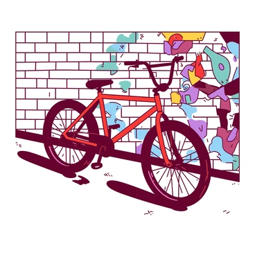 A red BMX bike is leaning against a white brick wall. The bike is angled slightly to the side, showcasing its sleek frame and colorful handlebars. The wall features intricate urban street art, with various designs and vibrant colors blending together to create a lively backdrop. The artwork includes various geometric shapes and abstract figures that draw the eye, adding depth and character to the scene. The ground is slightly textured, suggesting an urban environment, with hints of graffiti peeking from the corners.