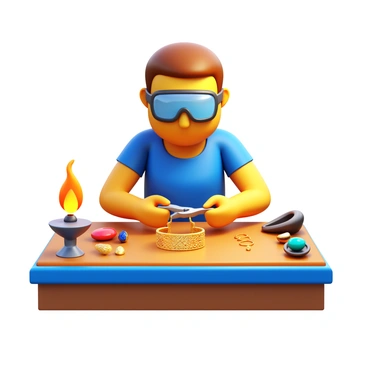 A jeweler at a workbench is focused on crafting "a delicate gold bracelet." The jeweler is wearing protective goggles and holding a pair of pliers, carefully manipulating thin gold wires. The workbench is cluttered with tools such as a soldering iron, saw, and various gemstones. A small torch emits a soft flame, reflecting off polished surfaces. The bracelet has intricate designs that showcase the jeweler's craftsmanship. Bright light illuminates the scene, highlighting the shimmering gold and the fine details of the bracelet.