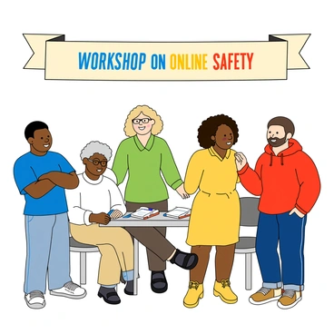 A group of five diverse individuals standing together, engaged in conversation. There is a man with dark skin and short hair wearing a blue t-shirt, a woman with light skin and curly hair dressed in a green blouse, a person with medium skin wearing glasses and a white shirt, a woman with curly hair and dark skin dressed in a yellow dress, and a man with light skin and a beard wearing a red hoodie. Above them, a large banner spans across the top, featuring the words "Workshop on Online Safety" in bold, colorful letters. The background includes a few chairs and a table with notebooks and pens scattered on it.