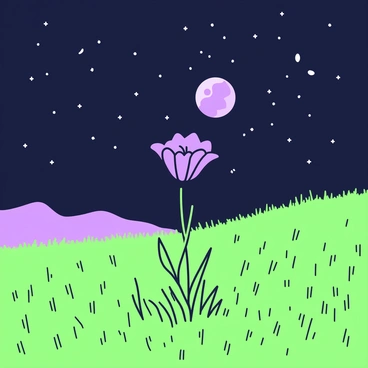 A solitary flower stands tall in the center of a vast field. The flower has a unique black color, with delicate petals that catch the faint light of the moon above. Surrounding the flower, the field is filled with tall grass swaying gently in the night breeze. The sky above is clear, showcasing a multitude of stars twinkling against the dark backdrop. In the distance, a silhouette of hills can be seen, adding depth to the tranquil midnight scene.