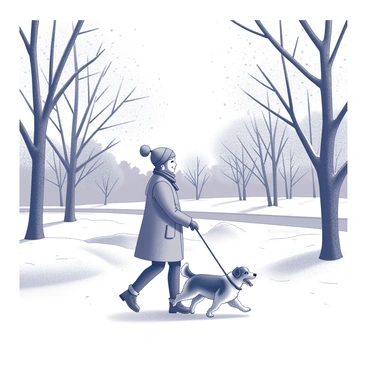 A person is walking through a snowy park. The individual is bundled in a warm coat, wearing a hat and scarf to protect against the cold. They hold a leash connected to a dog, which is a medium-sized breed with fluffy fur, happily bounding through the snow. The park is filled with tall trees, their branches heavily laden with snow, and a pathway partially obscured by drifts. Snowflakes are falling thickly from the sky, creating a swirling effect around the scene, and the ground is blanketed in a thick layer of white snow.
