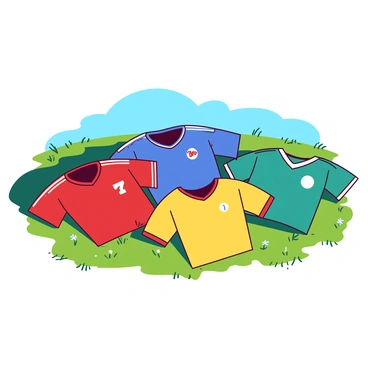 A red soccer jersey, a blue basketball jersey, a yellow football jersey, and a teal baseball jersey are laid out in a neat array on a green grassy field. Each jersey is arranged with the front facing up, showcasing their unique designs and team logos. The grass is vibrant and fresh, with small patches of wildflowers dotting the landscape, creating a lively atmosphere for the multisport event. The sun is shining brightly, casting soft shadows of the jerseys onto the ground. The background features a clear blue sky, adding to the cheerful vibe of the scene.