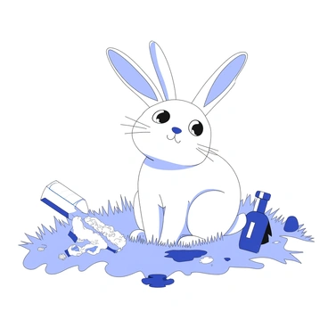 A rabbit is sitting in a grassy area, displaying an expression of confusion. The rabbit has long ears perked up and wide eyes, looking around. The grass surrounding the rabbit is littered with various pieces of plastic waste, including wrappers and bottles. In addition, patches of soil are stained, indicating chemical spills. The scene conveys a stark contrast between the rabbit's natural habitat and the pollution that surrounds it.
