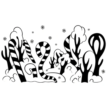 A whimsical forest filled with giant candy canes of various shapes and sizes, their striped patterns prominently displayed. The ground is covered in a thick layer of snow, creating a smooth, soft surface. In the background, snow-covered trees with unique, twisting branches add to the enchanting atmosphere. Delicate snowflakes gently fall from the sky, landing on the candy canes and snow. The scene captures a sense of playful magic, with the candy canes standing tall among the serene white landscape.