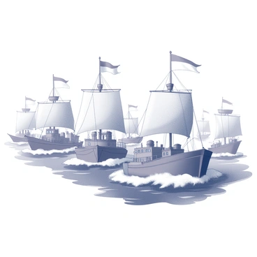 A fleet of various ships sailing through water. The vessels display distinct designs and characteristics, representing different nations. The ships are adorned with a united flag that waves prominently from their masts. Waves can be seen splashing against the hulls, with some ships featuring sails billowing in the wind. The scene captures a sense of cooperation and unity among the diverse fleet.