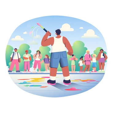 A street artist using water jets to create temporary art on a hot summer day