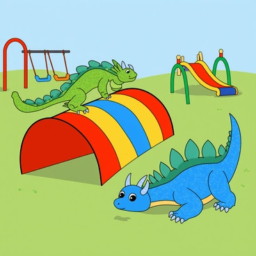 Two cartoon-like dragons with vibrant scales are crawling through a winding, colorful play tunnel in a bright playground. One dragon has green scales and small, rounded wings, while the other has blue scales with spiky projections along its back. The play tunnel is striped with red, yellow, and blue colors, and is surrounded by soft green grass. In the background, there are bright swings and slides in various colors, along with a clear blue sky overhead. The scene conveys a playful atmosphere filled with fun and adventure.