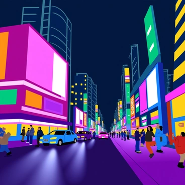 A bustling city at night filled with tall buildings and busy streets. The scene is illuminated with bright, colorful neon lights in shades of pink, blue, and green, reflecting off the glossy pavement. People are moving along the sidewalks, some looking up at the illuminated signs. Cars are driving by, their headlights creating streaks of light. A large digital billboard displays advertisements, adding to the vibrant atmosphere of the city.