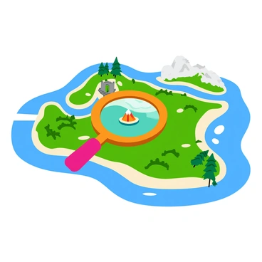 A detailed map featuring various terrains such as mountains, rivers, and forests. In the center, a magnifying glass is positioned over a specific area of the map, showcasing a small landmark in vibrant colors. The glass magnifies this landmark, making its details stand out prominently. The surrounding areas of the map are slightly blurred to emphasize the focused insight provided by the magnifying glass. The map includes intricate line work, labels, and decorative borders that enhance its complexity.