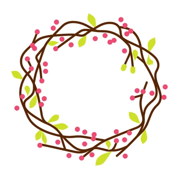 A festive wreath composed of intertwined brown branches forming a circular shape. The wreath is adorned with vibrant red berries clustered throughout its surface. Green leaves are scattered among the branches, adding a touch of color contrast. The overall arrangement creates a cheerful and lively decoration, suitable for hanging on a door or wall.