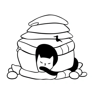 A cat nestled asleep inside a fort made of sofa pillows. The fort is constructed with various pillows stacked in a cozy arrangement, creating a snug space. The cat is curled up with its body tucked in, surrounded by soft textures of the pillows. A few loose pillows are scattered around the base of the fort, adding to the scene. The overall composition highlights the peacefulness of the sleeping cat within the protective enclosure of the pillow fort.
