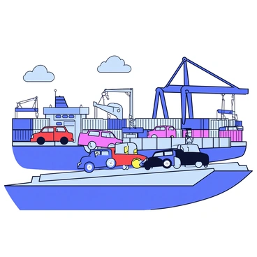 A large cargo ship docked at an international port. The ship has a wide, open deck with several levels. Various cars in different colors, including red, blue, and black, are being driven up a ramp onto the ship. Cranes with hooks are positioned nearby, ready to assist in loading. The port features tall shipping containers stacked in the background, with cranes and workers visible. The sky is clear with a few fluffy clouds.