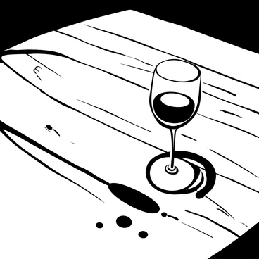 A wine glass placed upright on a sun-drenched wooden table, with a distinct shadow extending across the surface. The shadow reflects the shape of the glass, creating intricate patterns on the table. The texture of the wooden surface is visible, showcasing the grain and knots, enhancing the overall composition. The sunlight creates a stark contrast between the illuminated areas and the shadow cast by the glass.