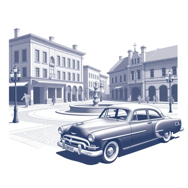 An old car in a charming historic town square surrounded by vintage brick buildings