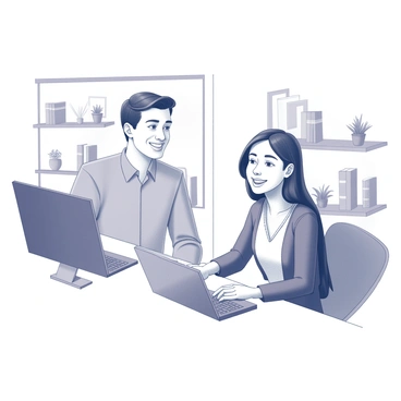 Two colleagues are seated in separate office environments, each looking at their computer screens. One colleague has short hair and is wearing a formal shirt while the other has long hair and is dressed in a smart-casual outfit. Both individuals are smiling broadly as they engage in conversation through the video call. The background features items typical of a home office, such as bookshelves, plants, and personal decorations. Each colleague has a focused and engaged expression, reflecting a positive interaction despite the distance.