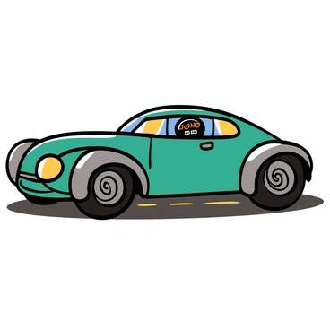 A sleek, retro-futuristic car with an aerodynamic design and shiny metallic surfaces. The car has smooth curves and bold lines, featuring large, circular headlights that emit a soft glow. Its sleek body is painted in a vibrant combination of teal and silver, with chrome accents that catch the light. The wheels are uniquely designed with a spiral pattern, giving the impression of movement. A digital dashboard inside is visible through the transparent windows, displaying futuristic controls and bright displays. The car is parked on a road that appears to shimmer, suggesting its time-traveling capabilities.