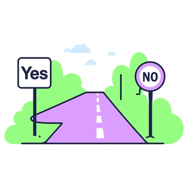 A highway stretches into the distance, flanked by green grass on either side. On the left, there is a road sign marked with the word "Yes" in bold lettering. To the right, another road sign displays the word "No," also in bold lettering. The pavement is wet, reflecting the overcast sky above. Several trees are visible in the background, providing a natural border to the scene.