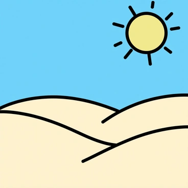 A bright yellow sun is positioned high in the sky, casting strong rays of light over an expansive desert landscape. The ground is covered with smooth, rolling sand dunes that create gentle curves and waves. The sand appears light tan in color, reflecting the sunlight. The sky is clear and bright blue, devoid of any clouds, emphasizing the harshness of the environment. The overall scene conveys a sense of openness and vastness.