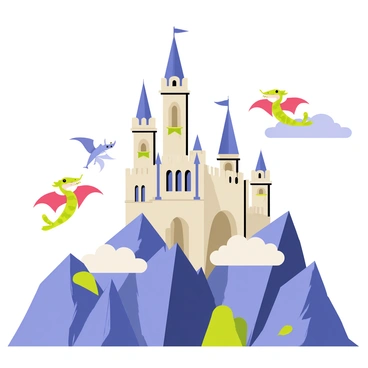 A grand fantasy castle with tall spires and intricate stonework sits majestically atop a rugged mountain peak. The castle features large, arched windows and banners fluttering in the wind. Surrounding the castle, several colorful dragons with outstretched wings soar gracefully through the sky. The dragons have scales in shades of green, red, and blue, each with distinct patterns. Below, rocky cliffs drop steeply, while patches of greenery peek through nearby clouds. The scene captures a sense of epic adventure and wonder.
