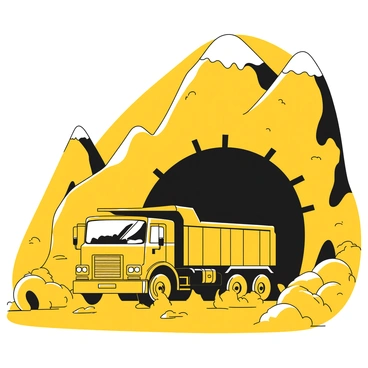A large truck is driving out of a tunnel that has been carved through a mountain. The truck is positioned at the entrance of the dark tunnel, with the mountain towering on either side. The tunnel's rough, rocky texture is visible, with patches of light illuminating the truck as it exits. Dust and gravel are disturbed around the truck's tires, showcasing the rugged terrain. In the background, the mountain’s steep slopes rise sharply into the sky, adding to the dramatic landscape.