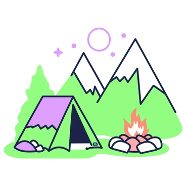 A tent is pitched nearby a campfire in a mountain setting. The tent is green with a purple rainfly, standing on a patch of grass, with a few rocks around its base. The campfire is crackling, with flames reaching upward, surrounded by a circle of stones. In the background, there are tall mountains with jagged peaks, partially covered in green foliage. A starry sky stretches above, with a large moon casting soft light over the campsite. A few logs are arranged around the fire, creating a cozy spot to sit.