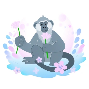 A baboon is sitting quietly in a vibrant field filled with colorful wildflowers. The baboon is holding a single bloom delicately in its hands. Surrounding the baboon are various types of wildflowers in different pastel colors, creating a harmonious landscape. The sunlight casts a warm glow over the scene, enhancing the colors of the flowers and the baboon's fur. The background features a soft gradient of pastel hues blending seamlessly into the horizon.