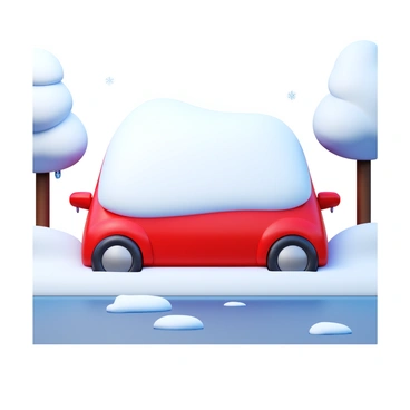 A parked car partially obscured by a thick layer of freshly fallen snow. The car is a vibrant red color, its distinctive shape and outlines only faintly visible beneath the white blanket. Snowflakes continue to fall gently around it, adding to the accumulation. Icicles hang from the car's side mirrors, glistening in the cold light. The surrounding environment features a quiet street, with snow-covered trees and a few scattered snowdrifts, creating a tranquil winter scene.