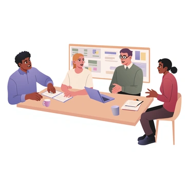 A digital flat illustration depicting a group of diverse colleagues gathered around a rectangular table. There are four people at the table, each representing different ethnic backgrounds. On the left, a man with dark skin and short curly hair, wearing a blue shirt, is pointing at a document. Next to him, a woman with light skin and long straight hair in a ponytail, wearing a white blouse, is taking notes on a notepad. On the right, a man with medium skin and glasses, wearing a gray sweater, is looking at a laptop, while a woman with brown skin and short hair, wearing a red dress, is gesturing as she speaks. The table is cluttered with papers, a laptop, and coffee mugs. A whiteboard with colorful charts and notes can be seen in the background.