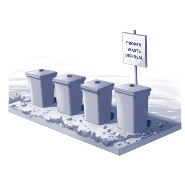 A row of waste bins positioned along the riverbank of the Ganges. Each bin is distinct in shape and design, showcasing various patterns and textures. The ground is textured with pebbles and earth, leading up to the flowing river. A prominent sign stands beside the bins, featuring the phrase "Proper Waste Disposal" in bold lettering. The river is gently flowing, with subtle waves reflecting the environment. Lush vegetation and small rocks are present along the bank, creating a natural setting.