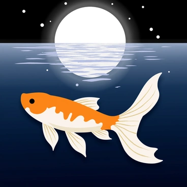 A vibrant orange and white koi fish gliding gracefully under water, its fins flowing elegantly. The surface of the water reflects a large, luminous full moon, casting soft, silvery light onto the rippling surface. Dark blue water surrounds the koi fish, creating a harmonious contrast. Shimmering light patterns dance across the water, enhancing the serene scene.