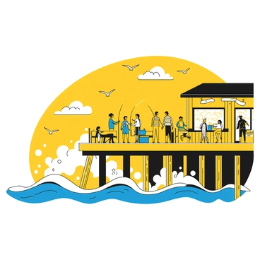 A bustling pier filled with people actively fishing, some standing at the edge with fishing rods, while others are sitting on benches with coolers beside them. Various shops line the pier, displaying colorful trinkets, hats, and souvenirs in their windows. The ocean waves crash forcefully against the wooden supports of the pier, sending white spray into the air. Seagulls fly above, occasionally swooping down towards the fishermen. The sky is clear with a few fluffy clouds.