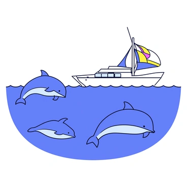 A pod of dolphins swimming in a clear blue sea. The dolphins are depicted with sleek, streamlined bodies, their fins breaking the surface of the water as they leap joyfully. Nearby, a large white yacht is gliding smoothly through the waves. The yacht features a polished deck and a tall mast, with a few colorful sails unfurled. The sun is shining brightly, casting reflections on the water's surface.