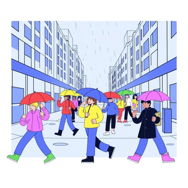 A bustling city street under a rainy sky. People are walking along the sidewalk, each holding brightly colored umbrellas in shades of red, blue, yellow, and green. The rain creates small puddles on the ground, reflecting the colors of the umbrellas. Tall buildings line the street, with windows glistening from the moisture. A few pedestrians are wearing raincoats, while others sport rubber boots. The atmosphere is lively as the city continues its daily activities amid the rain.