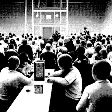 A bingo hall is bustling with activity. Various players of different ages are seated at tables with their bingo cards in front of them. Some players are focused, marking their cards with small ink dabbers, while others are leaning forward in anticipation. A large bingo cage is visible at the front, with balls rolling around inside. In the background, a caller is standing, microphone in hand, announcing the numbers. Bright lights illuminate the room, creating a lively atmosphere filled with excitement and engagement.