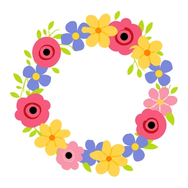 A floral wreath made of a variety of colorful flowers, including red roses, yellow daisies, and purple violets. The flowers are arranged in a circular pattern, creating a vibrant and lively appearance. Green leaves and small buds are interspersed among the flowers, adding texture and depth. The wreath is displayed against a simple background, emphasizing its bright colors and intricate design.