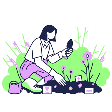 A person with medium-length hair is kneeling on the ground in a garden. They are wearing a light-colored shirt and gardening gloves. In their hands, they hold a small trowel, poised above a patch of soil where vibrant flowers are being planted. Surrounding them are rows of colorful flowers and lush green foliage. The person pauses, looking thoughtfully towards the horizon, with a gentle breeze rustling the leaves around them. A watering can is positioned nearby, and small garden markers are placed next to the newly planted flowers.