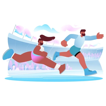 A vibrant sports stadium filled with spectators is the backdrop for an exciting competition. In the foreground, a cartoon athlete with exaggerated proportions is sprinting down the track, showcasing vibrant colors on their uniform. Beside them, an illustrated athlete with a more realistic design is also in full stride, wearing a sleek outfit that contrasts with the cartoon style. The scene captures the dynamic energy of the event, with movement lines emphasizing the athletes' speed. Colorful banners and flags are waving in the background, adding to the lively atmosphere of the sports event.