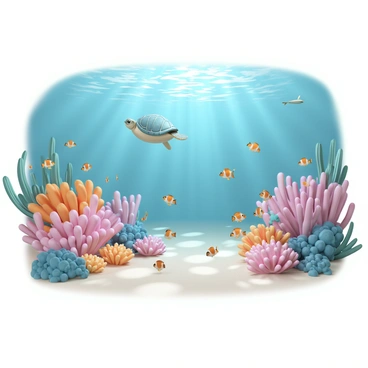 A vibrant coral reef populated with a variety of colorful corals in shades of pink, orange, and blue. Numerous fish swim among the corals, including small clownfish with bright orange and white stripes, schools of yellow tangs, and a majestic angelfish with blue and gold hues. The water above is crystal-clear, allowing sunlight to filter through, creating shimmering patterns on the sand below. Seaweed gently sways with the current, while a sea turtle glides gracefully through the scene.