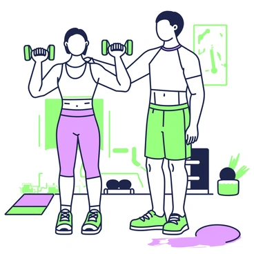 A personal trainer is providing assistance to a client during a lateral raise exercise in a gym setting. The trainer, wearing a fitted workout shirt and shorts, stands beside the client, focusing on their posture. The client, dressed in a tank top and leggings, is holding a pair of dumbbells at shoulder height. The trainer gently adjusts the client's arms, ensuring their elbows are slightly bent and the weights are raised parallel to the ground. In the background, gym equipment such as a weight bench and a mirror can be seen, along with exercise mats on the floor. The atmosphere is energetic, emphasizing the effort and concentration of both the trainer and the client.
