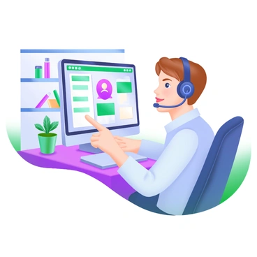 A call center agent sitting at a desk, wearing a headset, is focused on assisting a customer. The agent has short brown hair and is dressed in a light blue shirt. In front of the agent is a computer screen displaying a customer service interface with various icons and text. The agent is pointing at the screen with a confident gesture, conveying helpfulness. The background includes shelves with office supplies and a potted plant, adding a lively touch to the workspace.