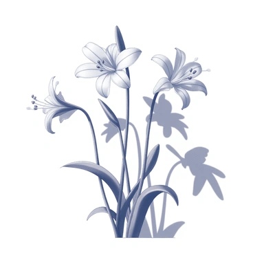 A cluster of spider lilies with long, slender stems and delicate petals. The flowers are positioned in front of a white wall, with bright sunlight illuminating them. The sunlight creates intricate shadows of the flowers on the wall, showcasing the detailed shapes of the petals and leaves. The overall composition highlights the contrast between the dark shadows and the bright surface of the wall.