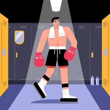 An amateur boxer with a muscular build is pacing back and forth in a dimly lit locker room. He is wearing red boxing gloves and black shorts, with a white towel draped around his neck. The walls are lined with wooden lockers, and a bright overhead light casts shadows across the floor. The boxer has a focused expression on his face as he occasionally stops to take a deep breath, mentally preparing for the upcoming fight. A small mirror hangs on the wall, reflecting his determined gaze, and a few water bottles are scattered nearby.