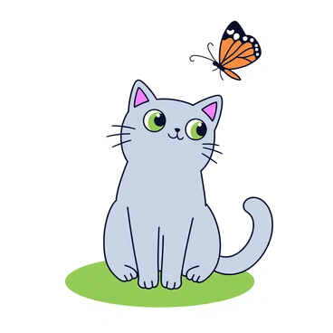 A curious cat with light gray fur is sitting on a patch of grass. Its large, bright green eyes are fixed on a delicate butterfly that is fluttering just above its nose. The butterfly has vibrant orange and black wings, and it appears to hover in mid-air, drawing the cat's attention. The cat’s ears are perked up, showcasing its interest and curiosity in the colorful insect.