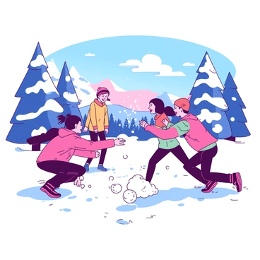 A group of friends is engaged in a snowball fight in a winter wonderland. Snow-covered trees surround the scene, with fluffy white snow blanketing the ground. One friend is crouched down, forming a snowball, while another is mid-throw, arms extended and laughter on their face. In the background, a third friend is dodging to the side, powdery snow flying around them. The sky above is clear with a hint of dusk, casting a soft light on the joyful chaos.