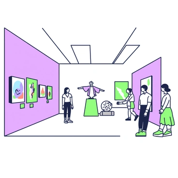 A gallery exhibit is set up in a spacious room with tall ceilings and soft lighting. On the left wall, there are several paintings inspired by Simone Veil. Each painting features vibrant colors and abstract forms, capturing themes of resilience and hope. In the center of the room, there are sculptures made from various materials. One sculpture depicts a figure with outstretched arms, symbolizing freedom and strength. Another sculpture is a combination of flowing lines and geometric shapes, representing the complexity of human experience. Visitors are walking through the exhibit, engaging with the artwork and discussing its significance. Each piece is accompanied by a small plaque with information about its inspiration and artist.