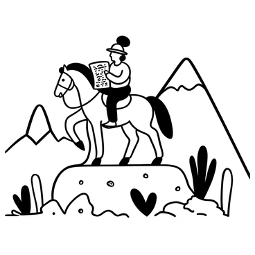A lone conquistador wearing a plumed helmet is riding a sturdy horse across rugged mountainous terrain. The horse is positioned atop a rocky outcrop, with its hooves gripping the uneven surface. The conquistador is holding a map in one hand and scanning the landscape for hidden paths. Jagged mountain peaks rise dramatically in the background, while scattered boulders and sparse vegetation fill the foreground. “Hidden paths” is depicted as a focal point on the map, emphasizing the conquistador's mission.